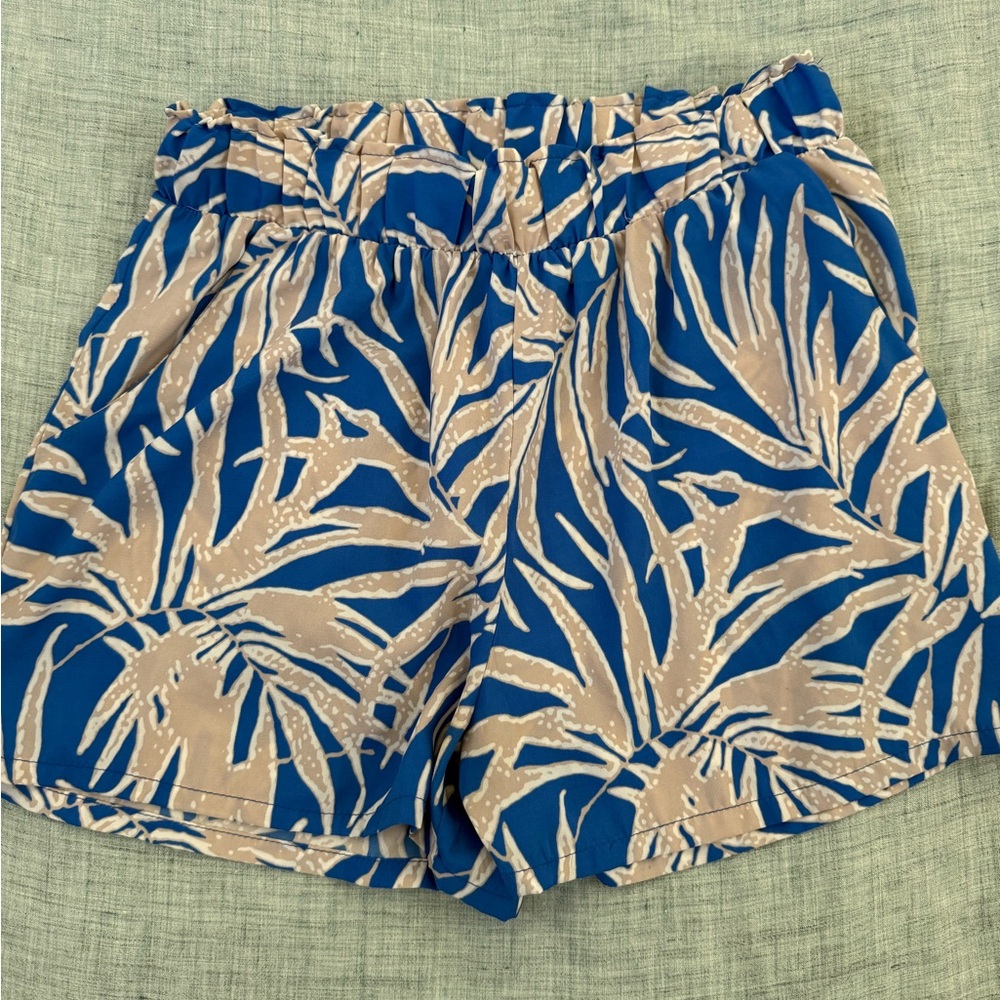 Blue and Tan Skorts with Tropical Leaf Print